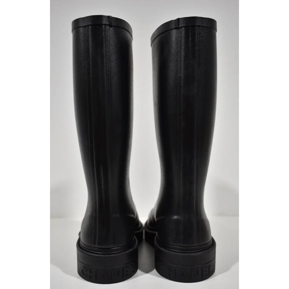 Chanel REV Black White Caoutchouc CC Logo High Pull On Rubber Rain Boots 39 - Picture 11 of 12